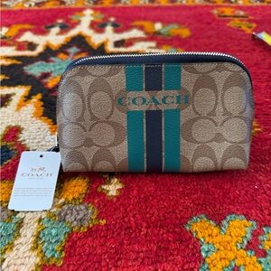 Coach Logo and Teal Stripe Cosmetic Bag with Gold Zipper